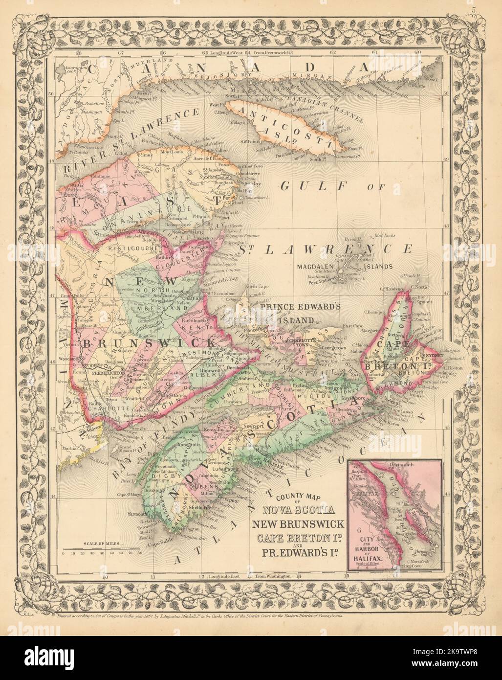 Nouvelle-Écosse, Nouveau-Brunswick, Île du Cap-Breton et Île-du-Prince-Édouard. Canada. MITCHELL 1869 carte Banque D'Images