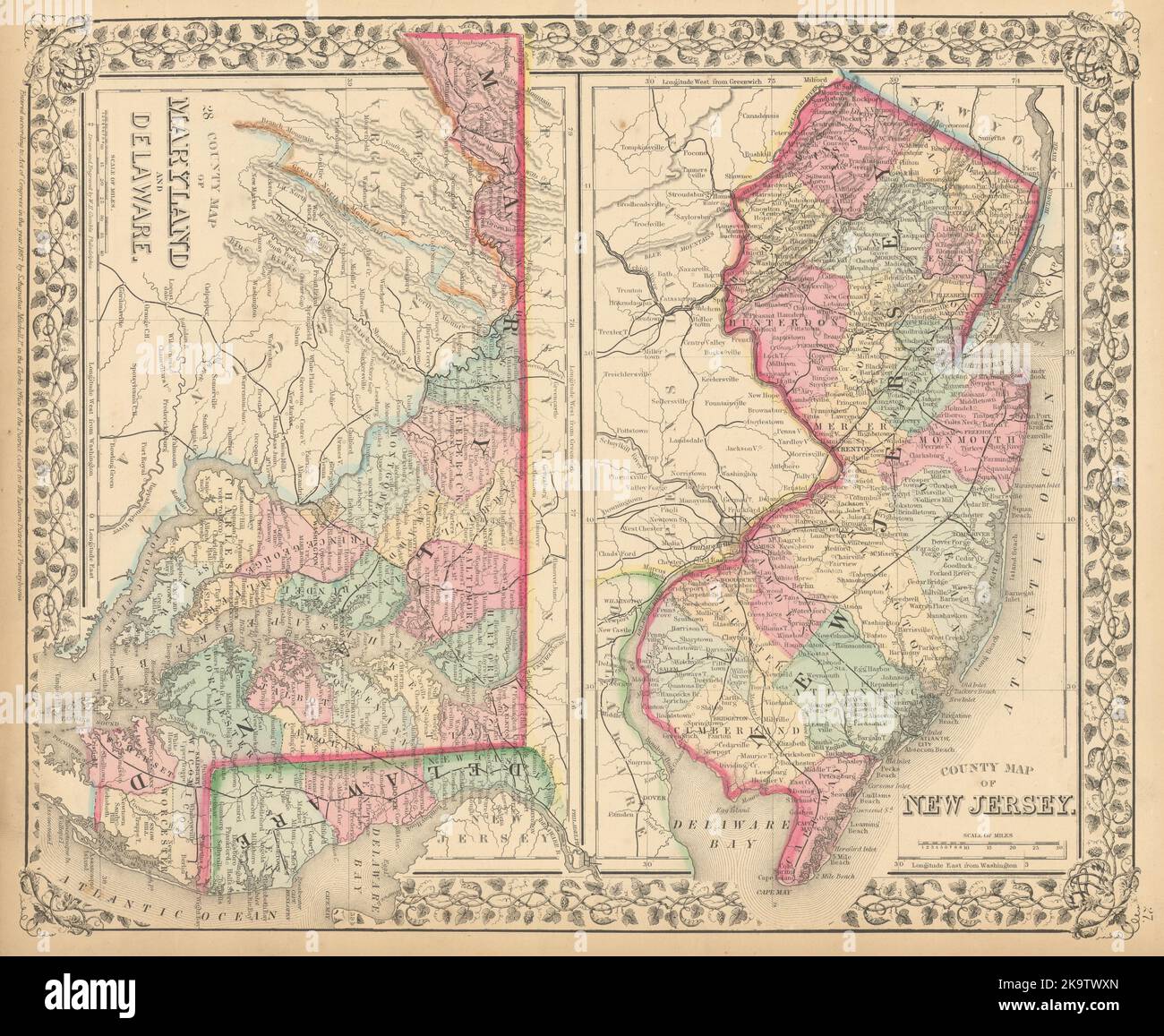 Cartes du comté du New Jersey, du Maryland et du Delaware. Cartes d'état. MITCHELL 1869 Banque D'Images