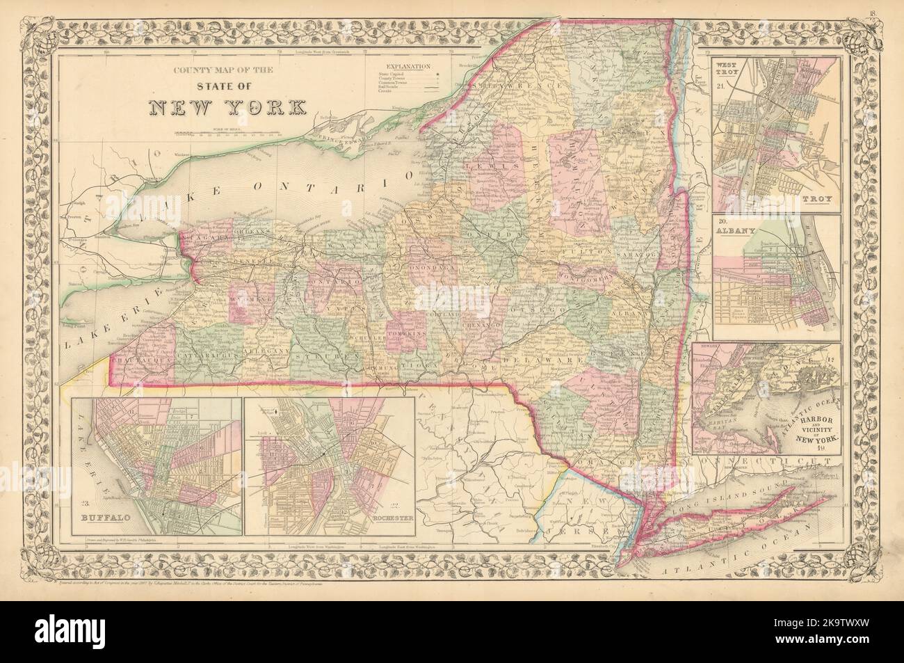 Carte du comté de l'État de New York. Albany Troy Rochester Buffalo MITCHELL 1869 Banque D'Images