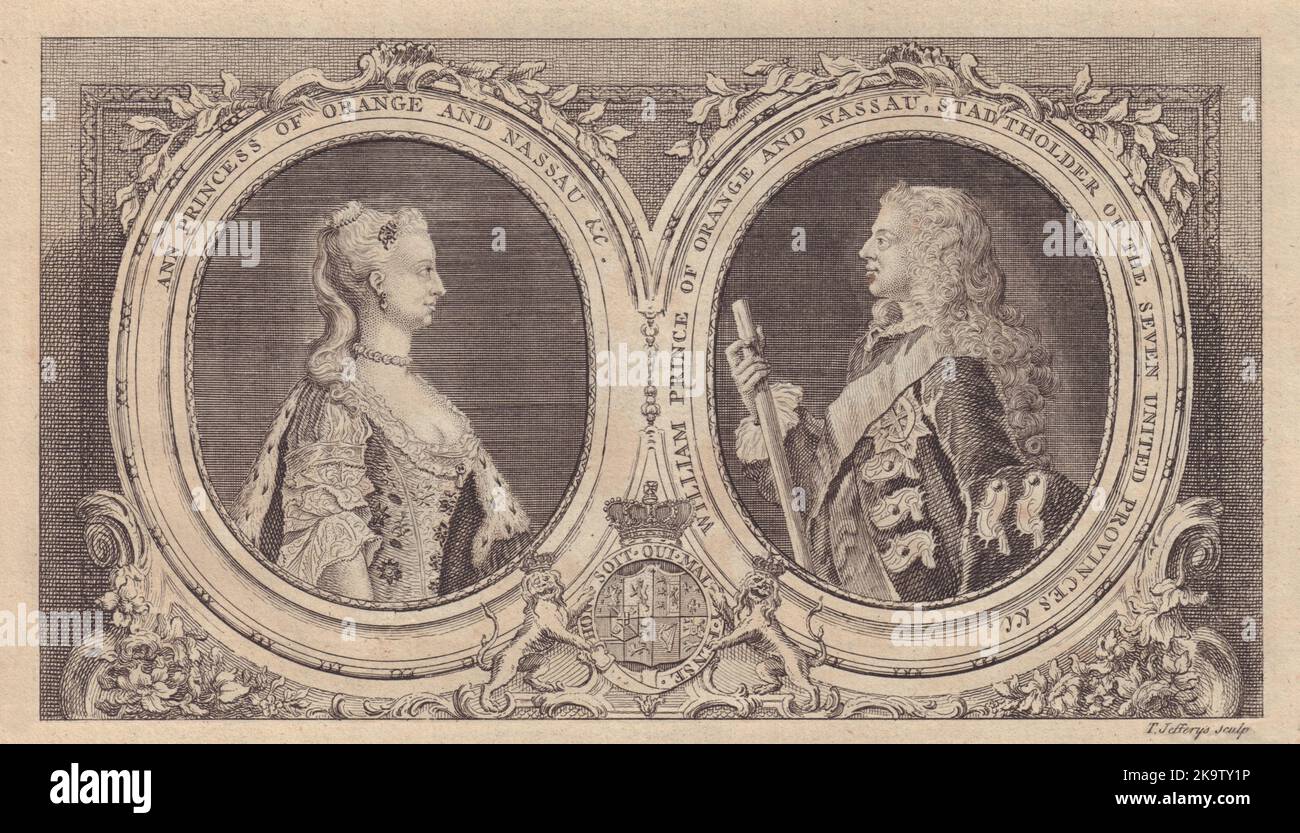 Portraits de William Prince d'Orange et d'Anne HIS Consort. GENTS MAG 1747 Banque D'Images