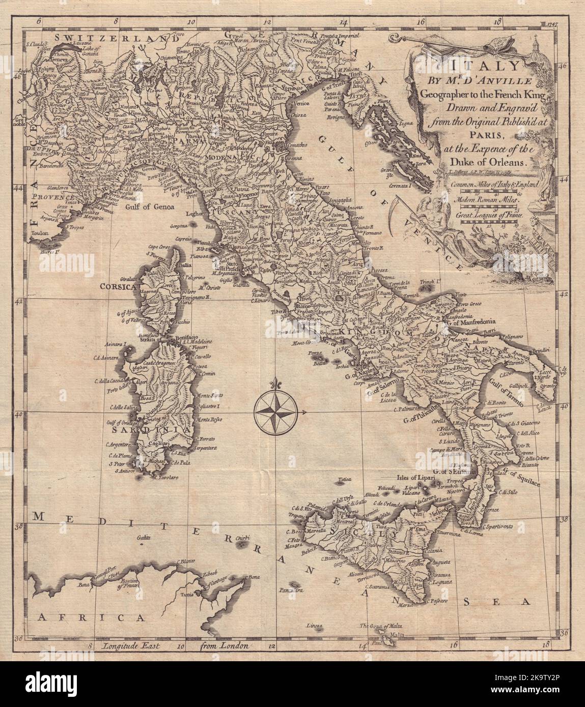 Italie par M. d'Anville géographe au roi de France. GENTS MAG 1747 ancienne carte Banque D'Images