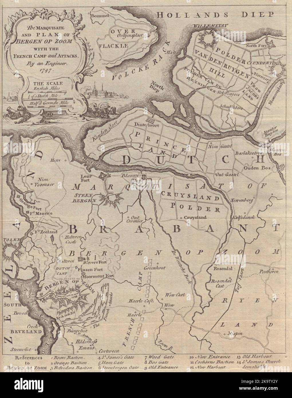 Le Marquisat & Plan de Bergen Op Zoom avec le camp français… Cartographie GENTS MAG 1747 Banque D'Images