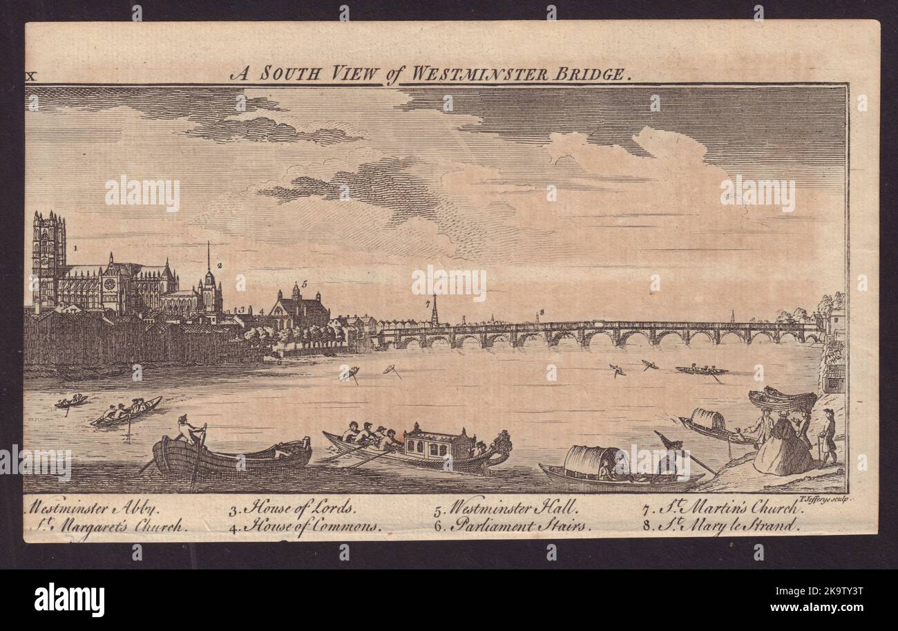 Vue sur le sud du pont de Westminster, Londres. GENTS MAG 1746 vieux imprimé antique Banque D'Images