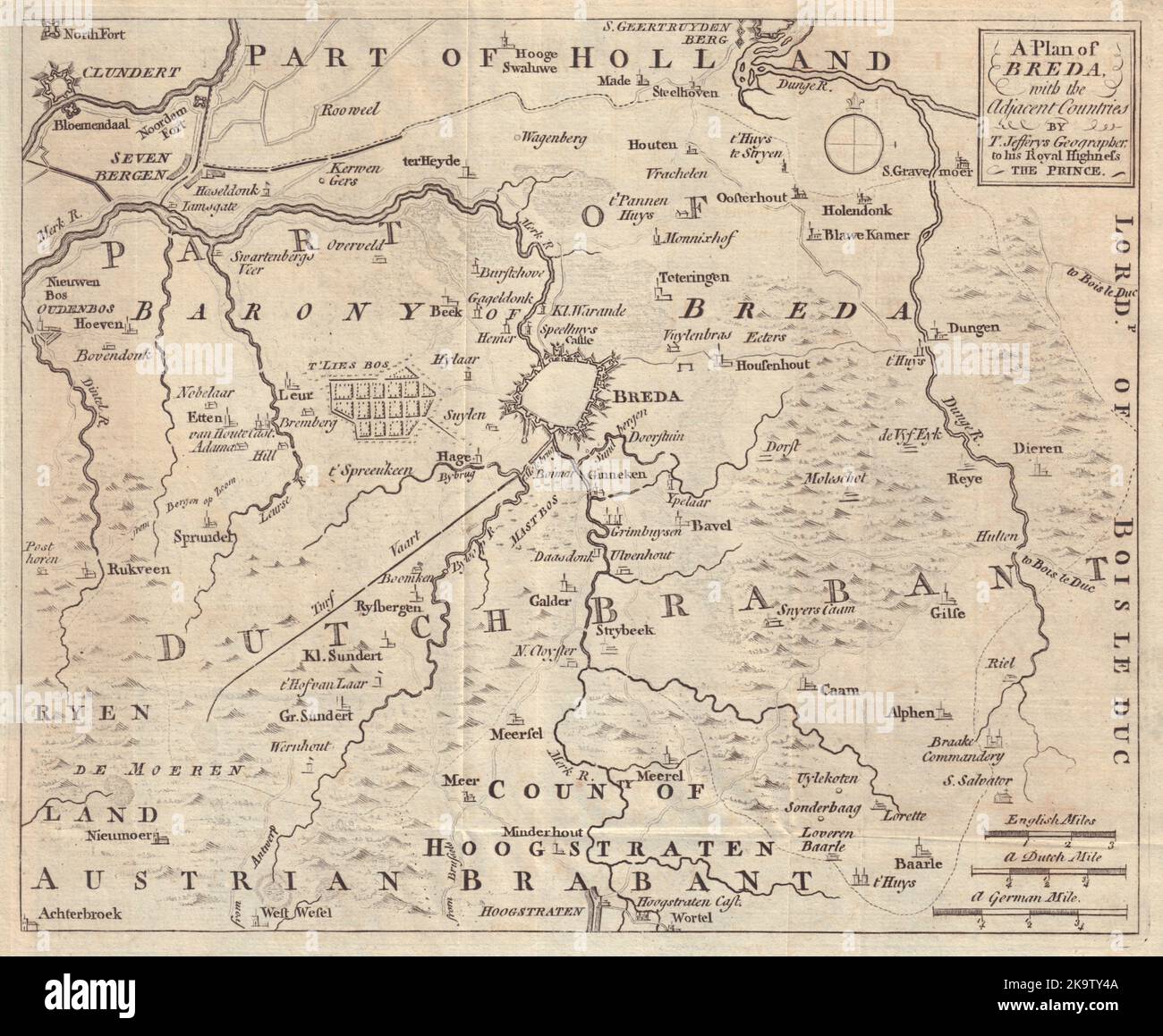 Un plan de Breda avec les pays voisins. Pays-Bas. JEFFERYS 1747 carte Banque D'Images