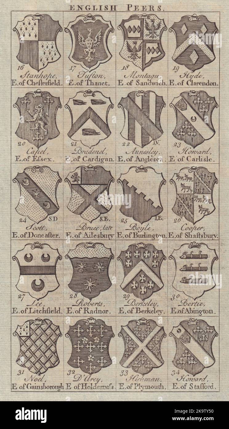 Peerage Arms Earls of Thanet Sandwich Essex Cardigan Doncaster Radnor… 1747 Banque D'Images