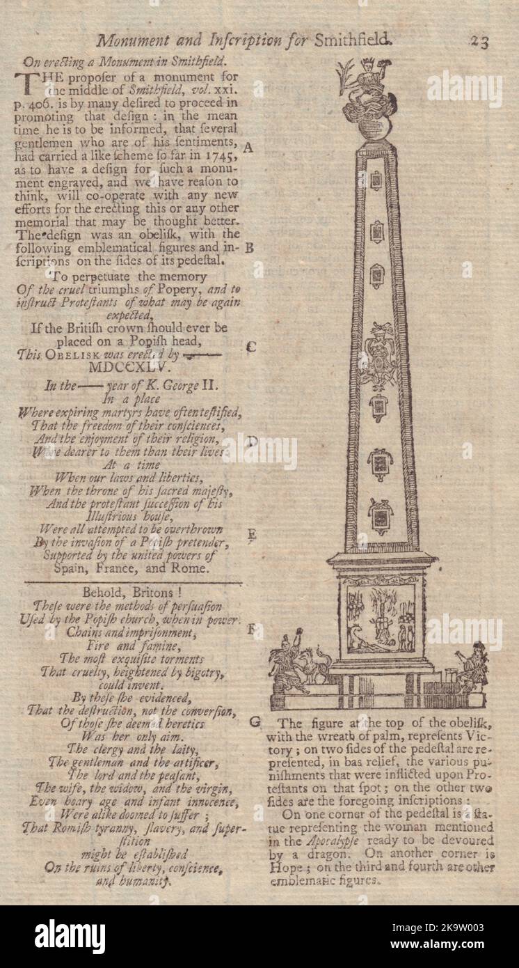 Obélisque a proposé d'être érigé à Smithfield, Londres. GENTS MAG 1752 Old Print Banque D'Images