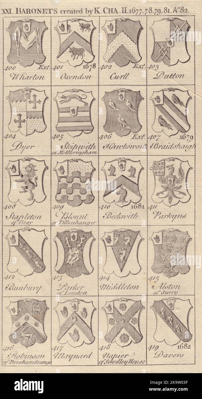 Charles II Baronets 1677-82 Wharton Oxenden Curll Dutton Beckwith Parkyns… 1752 Banque D'Images