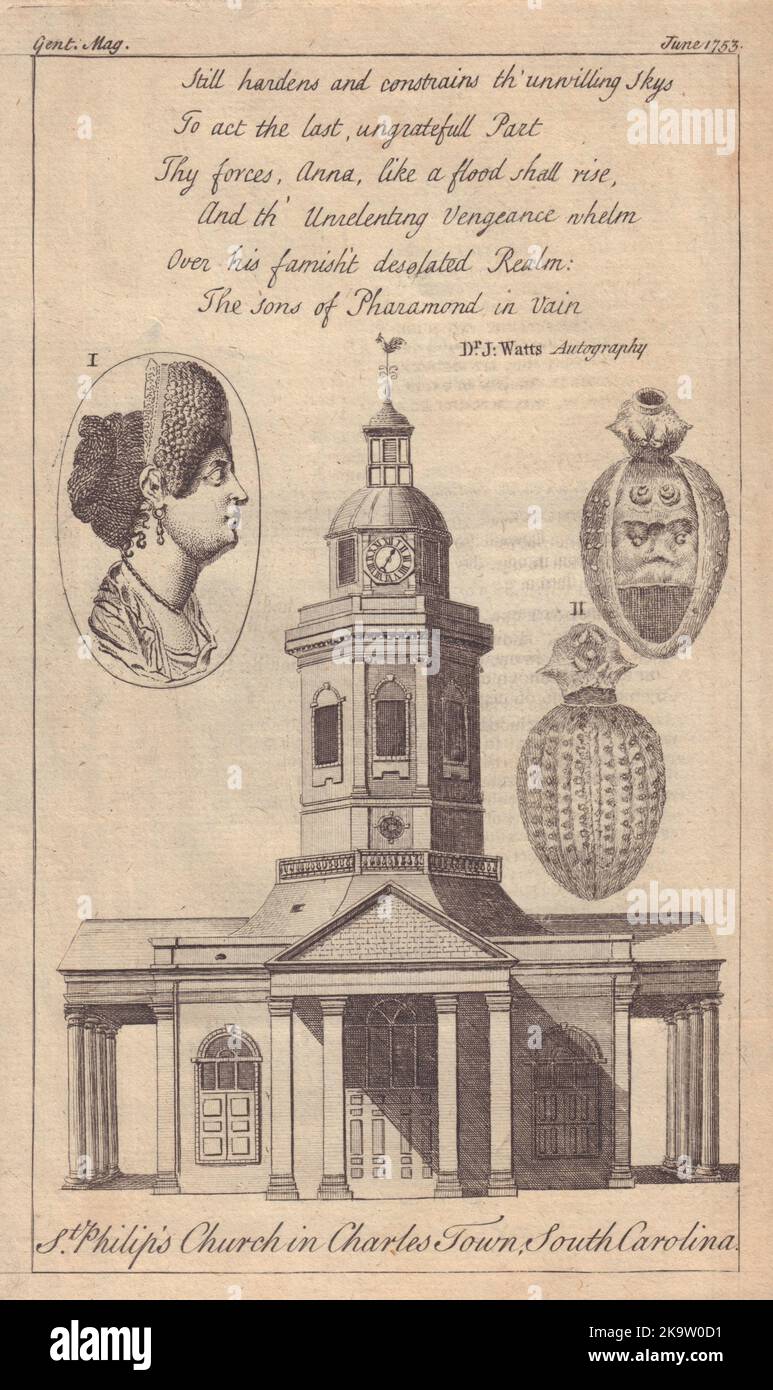 Église Saint-Philippe de Charles Town, Caroline du Sud. Vieux imprimé Charleston 1753 Banque D'Images