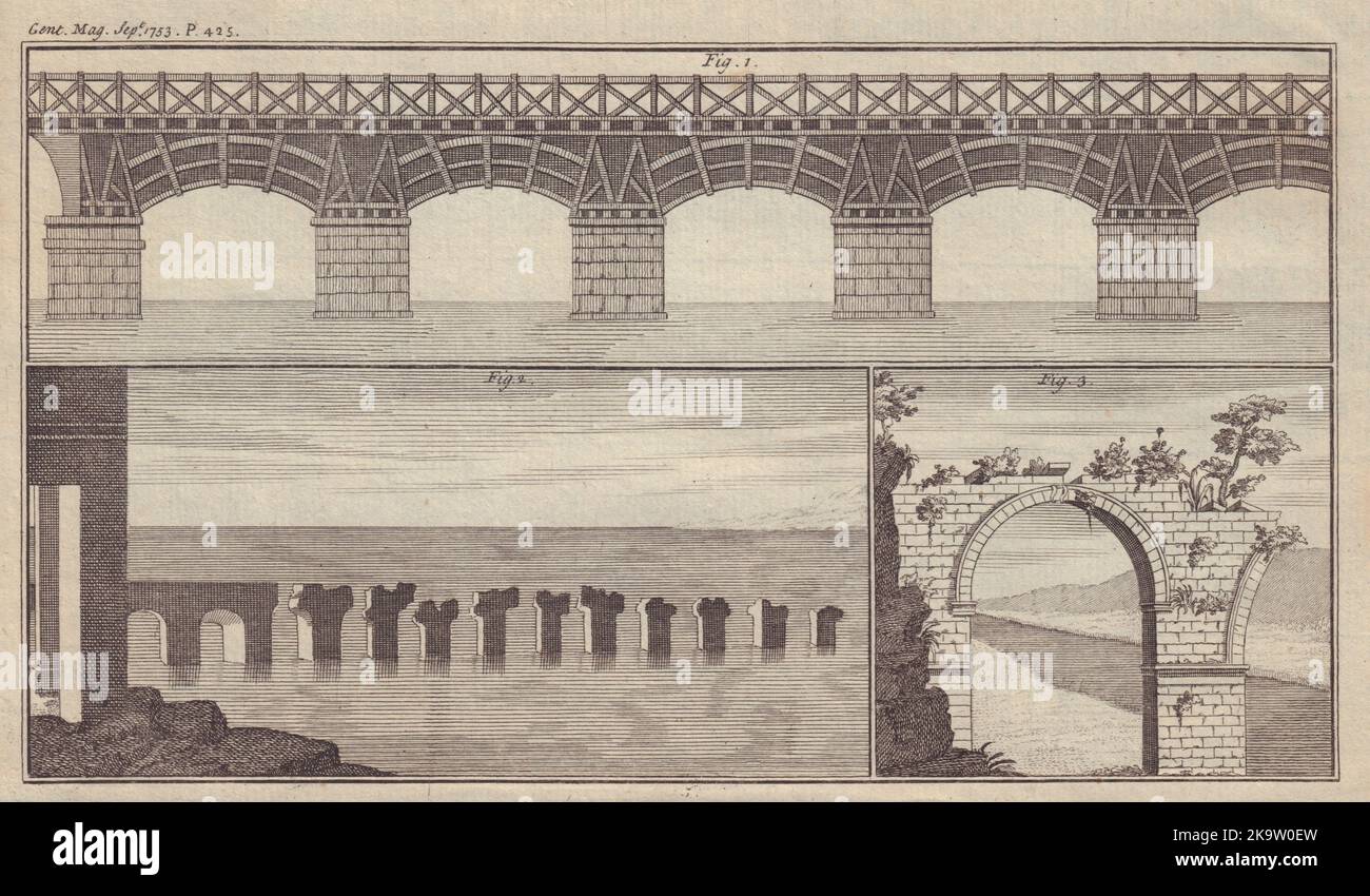 Pont de Trajan, Danube. Pont de Caligula Puzzuoli Naples. Augustus, Narni 1753 Banque D'Images
