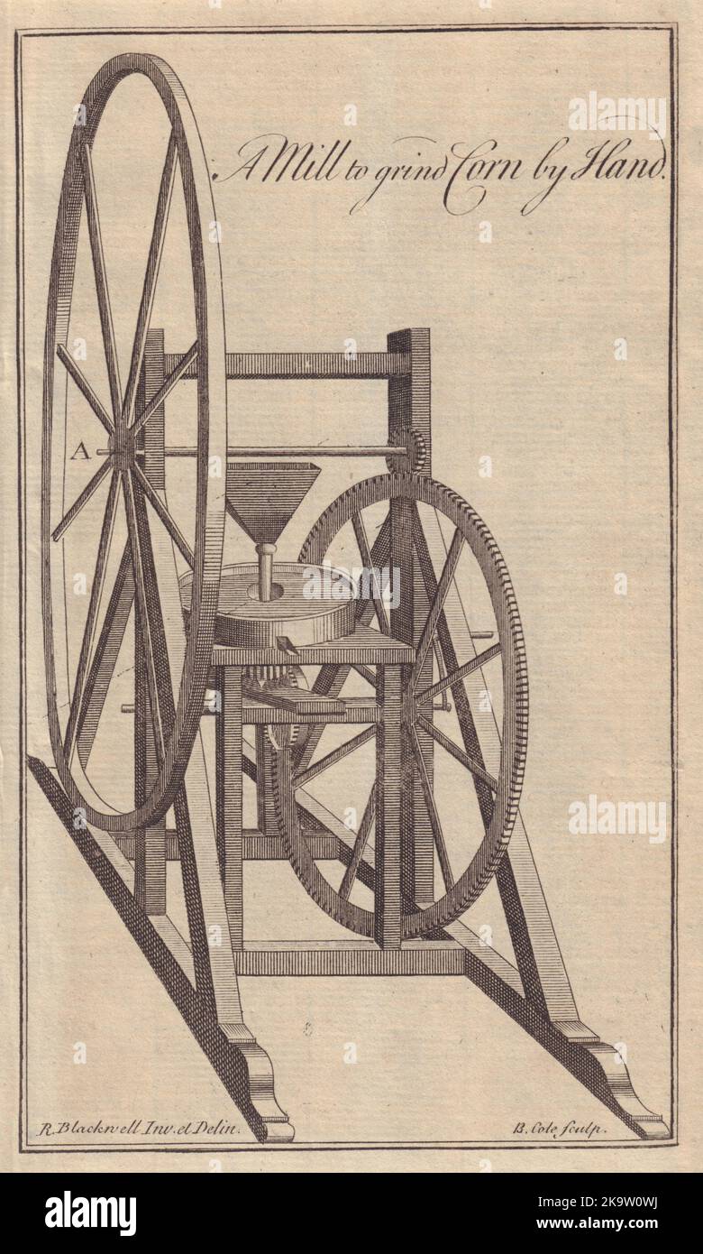 Un moulin pour meuler le maïs à la main. Ingénierie. GENTS MAG 1758 vieux imprimé antique Banque D'Images