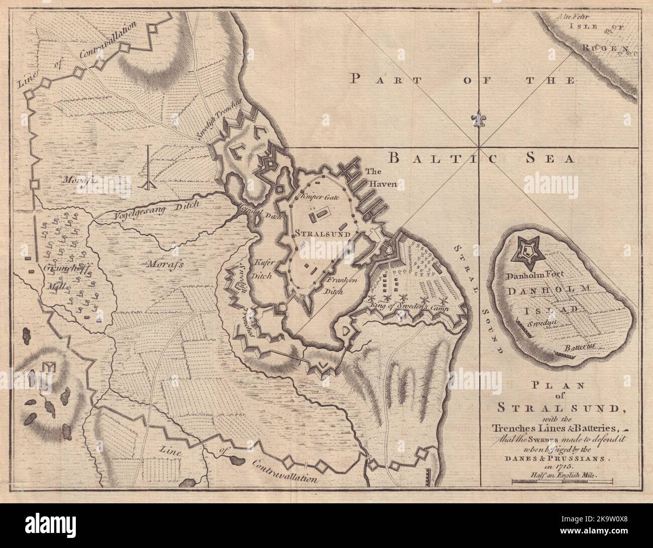 Plan de Stralsund avec les tranchées lignes et batteries… GENTS MAG 1758 ancienne carte Banque D'Images