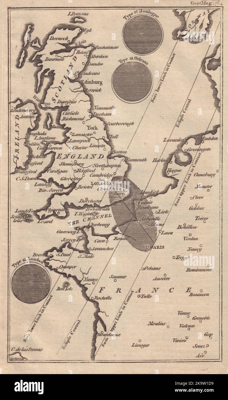 L'éclipse solaire du 1 avril 1764 en Angleterre et en France. Cartographie GENTS MAG 1764 Banque D'Images