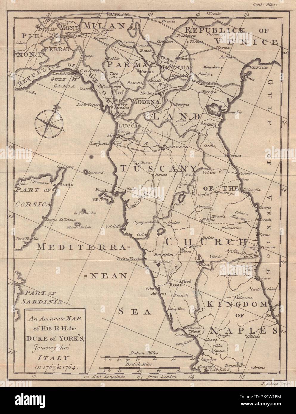 Une carte précise de son RH le voyage du duc de York en Italie… GIBSON 1764 Banque D'Images
