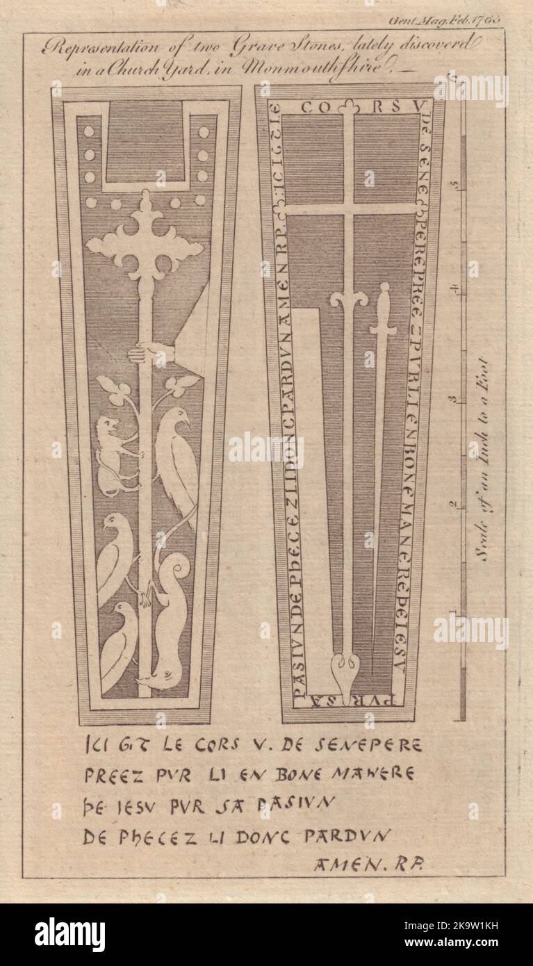 Deux pierres graves découvertes récemment dans un Yard de l'église dans le Monbucshire 1765 Banque D'Images
