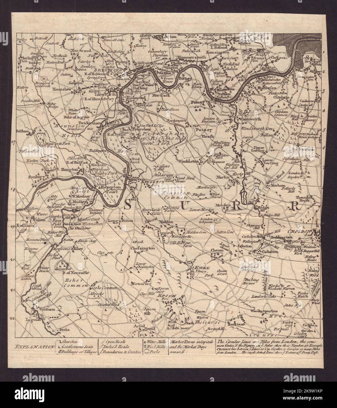 SW London & Surrey. Richmond Wandsworth Merton Kensington. Cartographie GENTS MAG 1764 Banque D'Images