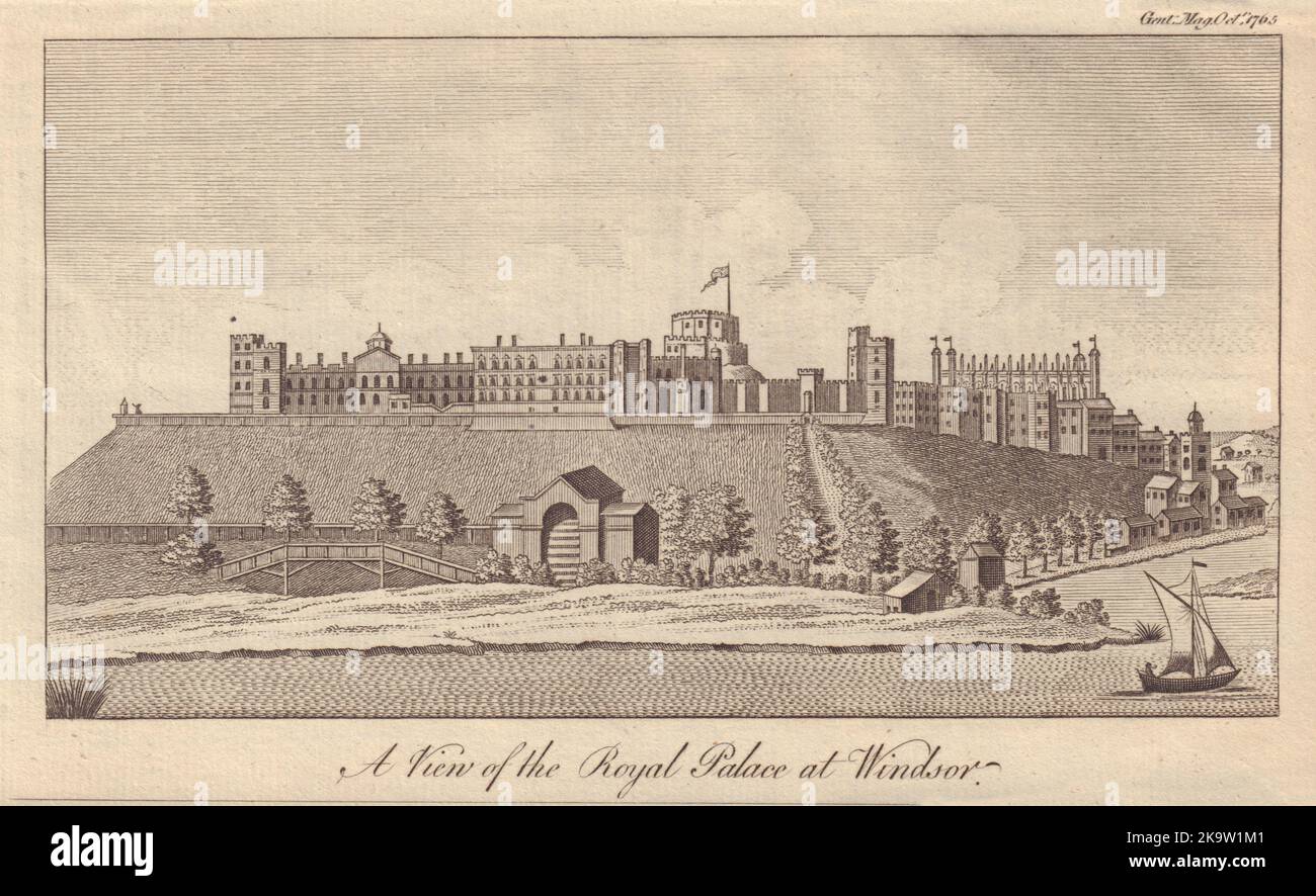 Vue sur le Palais royal de Windsor. Château. GENTS MAG 1765 Old Print Banque D'Images