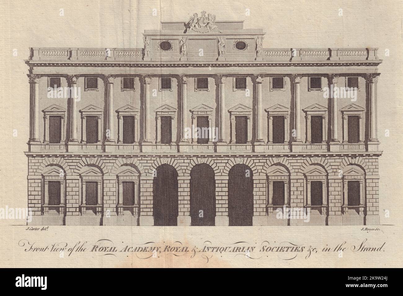 Vue de face de l'Académie royale… Dans le Strand. Somerset House 1779 vieux caractères Banque D'Images