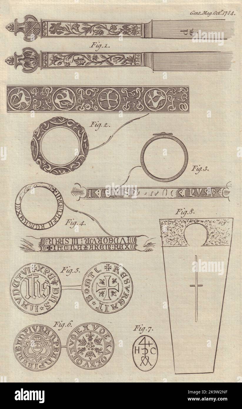 Fortescue de couteau. Serpents à anneaux. Jésus. Compteur Jetton. Cercueil à Swinford 1784 Banque D'Images