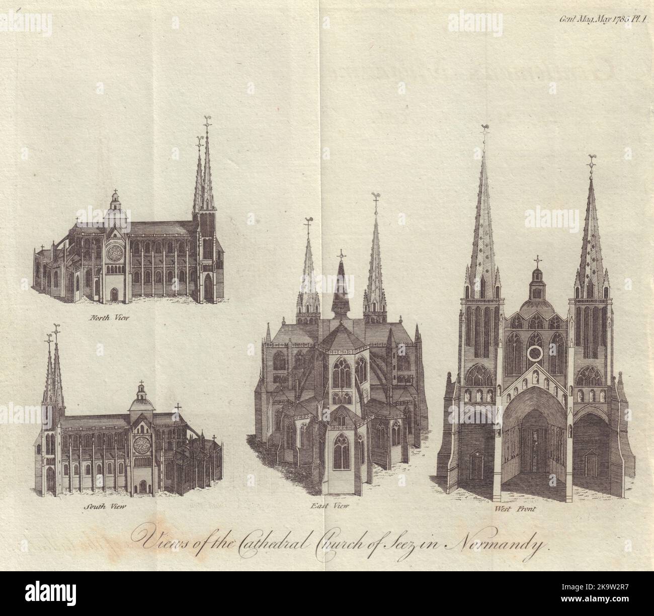 Quatre vues sur la cathédrale de SEEZ (Sées) en Normandie. Imprimé Orne 1786 Banque D'Images