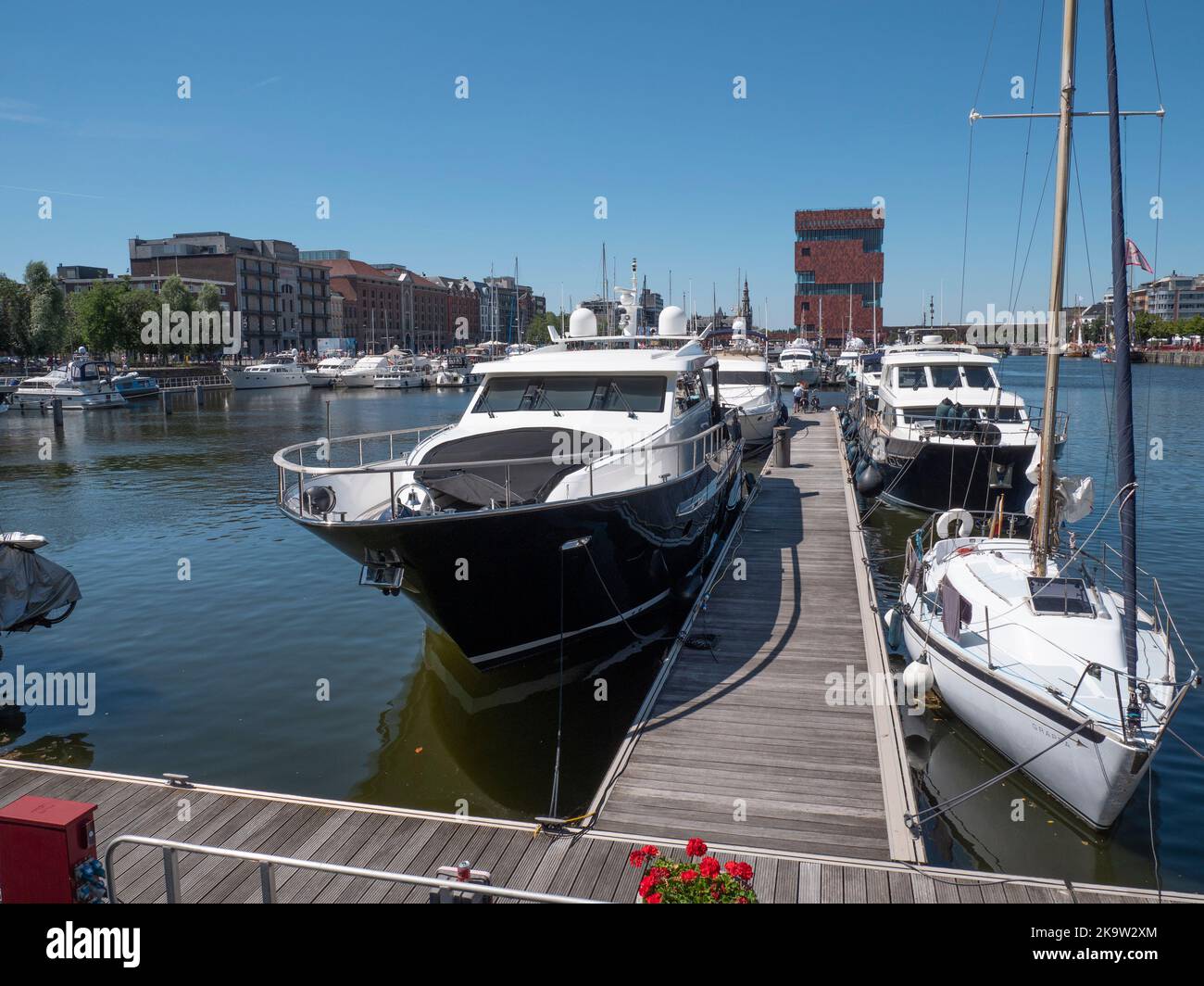 Anvers, Belgique, 24 juillet 2022, le port de plaisance d'Anvers avec des yachts de luxe amarrés et le musée MAS en arrière-plan Banque D'Images