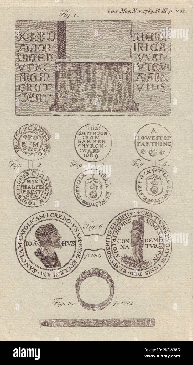 Cathédrale de Salisbury. Confiseur d'Islington. Farthings Lowestoft. John Huss 1789 Banque D'Images