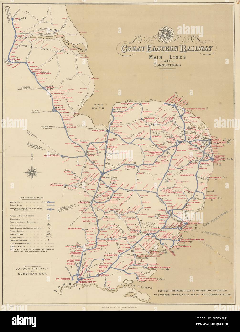 Great Eastern Railway - lignes principales et connexions c1918 carte ancienne Banque D'Images