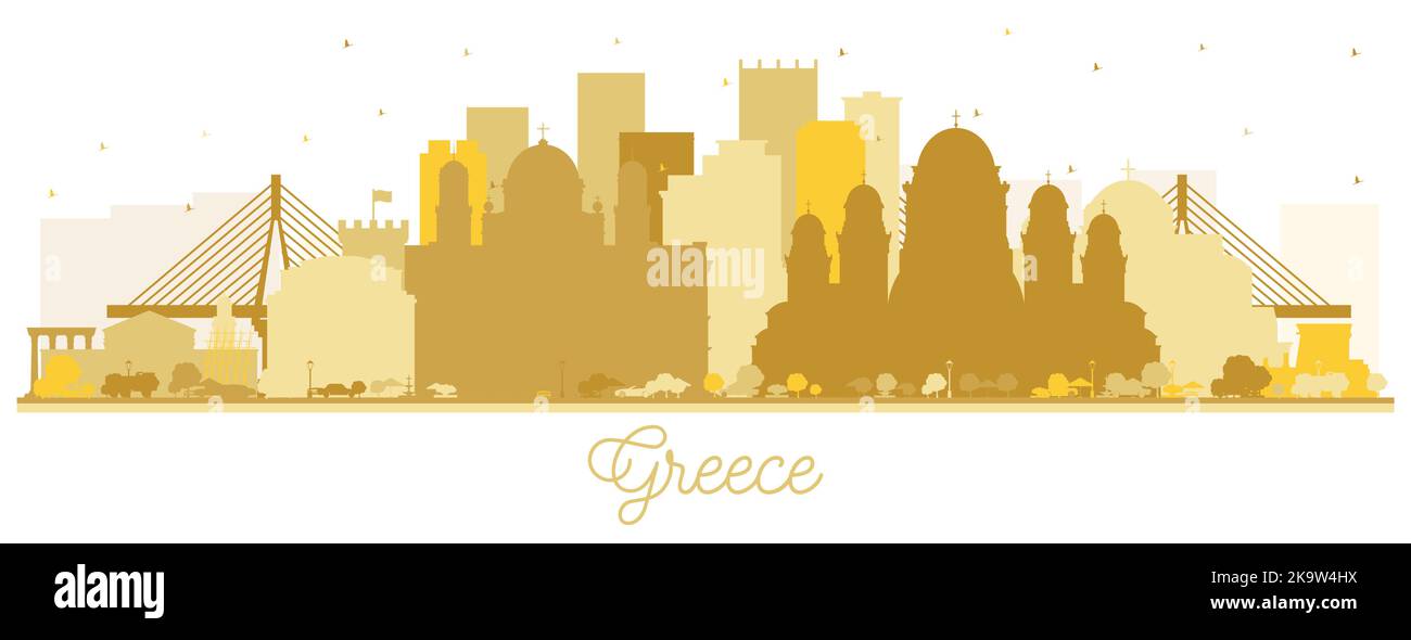 Bienvenue à la Grèce City Skyline Silhouette avec des bâtiments d'or isolés sur blanc. Illustration vectorielle. Architecture historique. Illustration de Vecteur