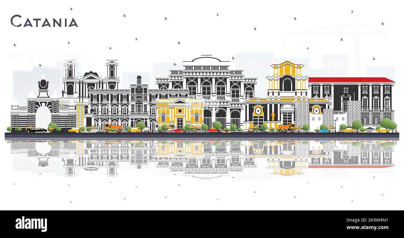 Catania Italie Skyline avec bâtiments gris et réflexions isolées sur blanc. Illustration vectorielle. Illustration de Vecteur