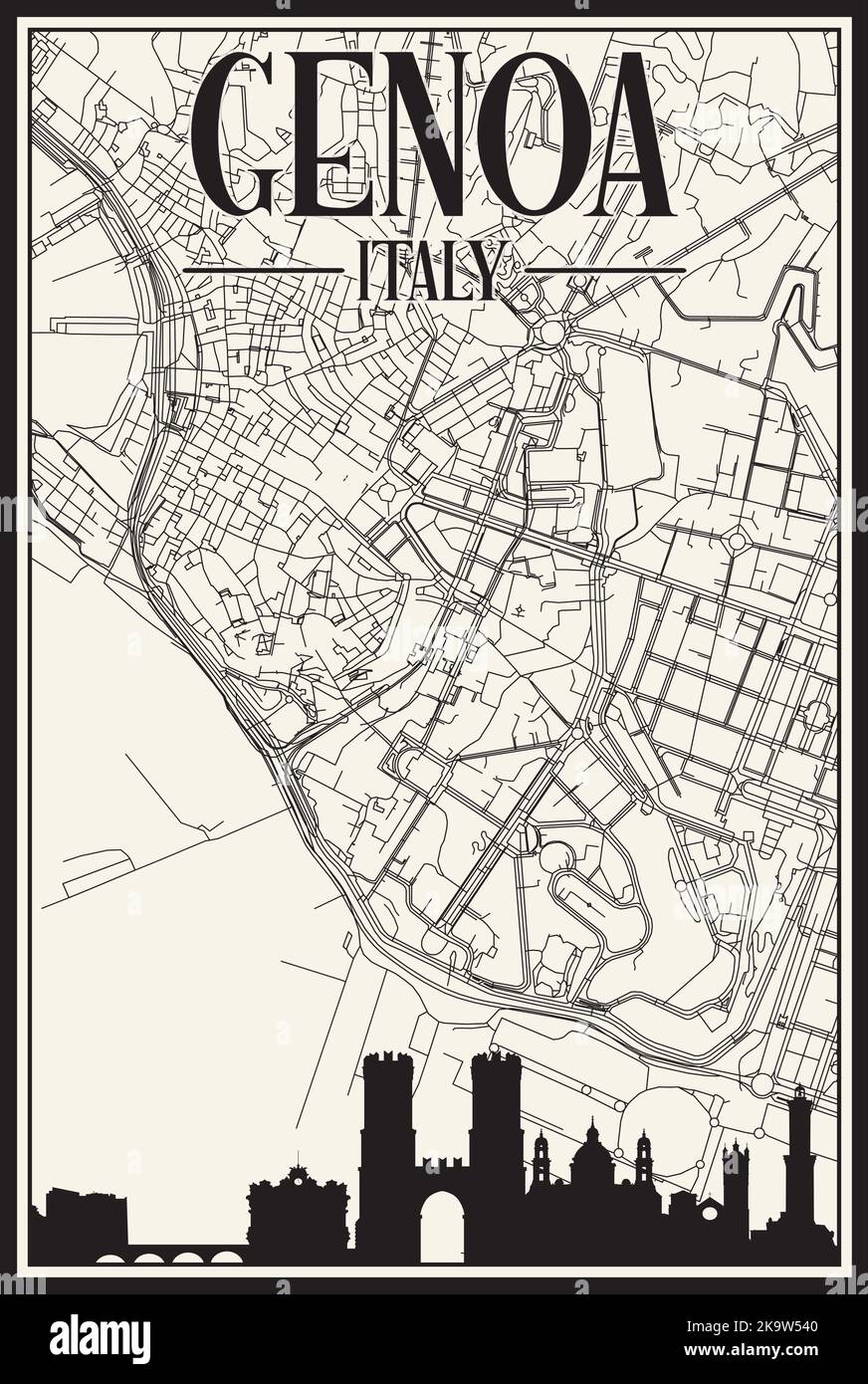 Carte imprimée du réseau des rues du centre-ville de GÊNES, ITALIE Illustration de Vecteur
