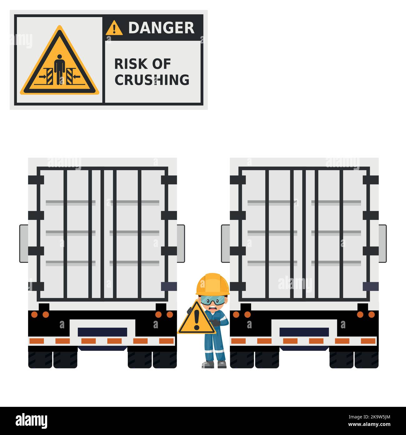 Risque d'écrasement entre deux chariots au niveau des quais de chargement. Risque de chute. Panneau de sécurité et pictogramme. Prévention des accidents du travail. La sécurité avant tout. Po Illustration de Vecteur