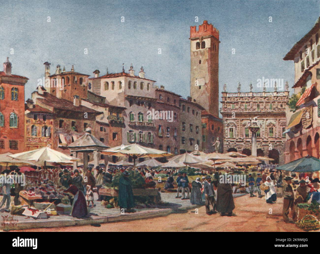 VÉRONE.« The Market place, Verona » par William Wiehe Collins.Imprimé Italie 1911 Banque D'Images