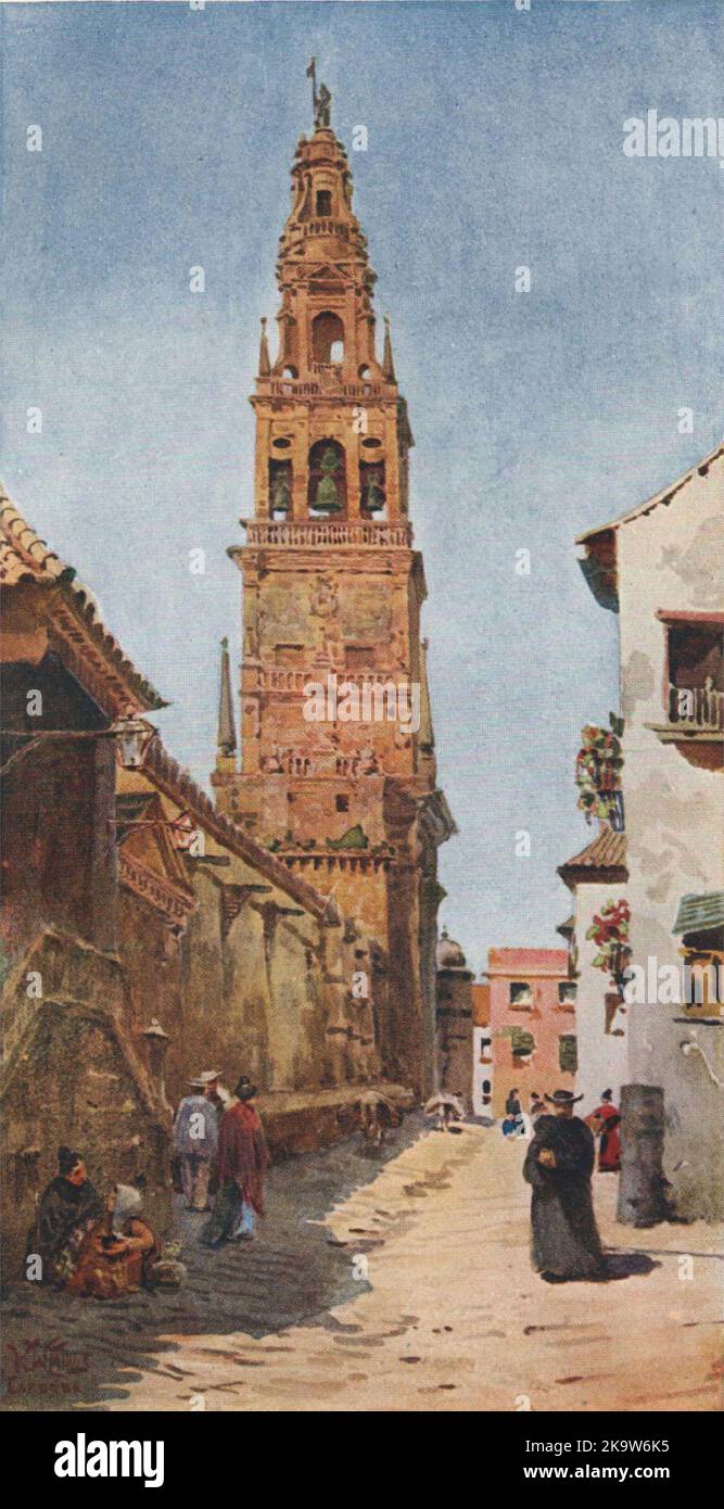 La tour Campanario, Cordoue, Espagne, par William Wiehe Collins 1909 vieux imprimé Banque D'Images