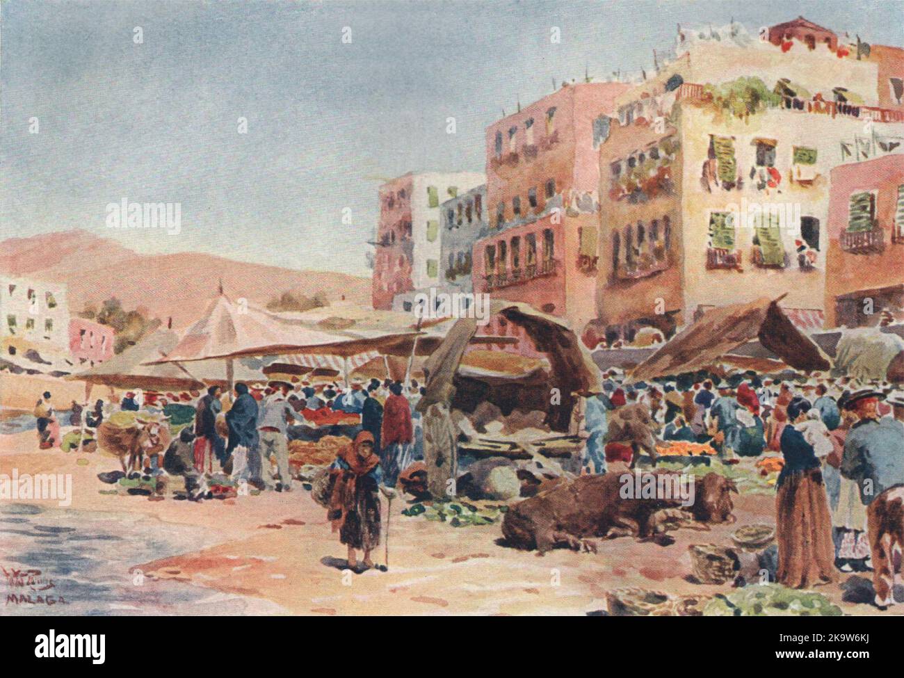 Le marché, Malaga, Espagne, par William Wiehe Collins 1909 vieux imprimé antique Banque D'Images