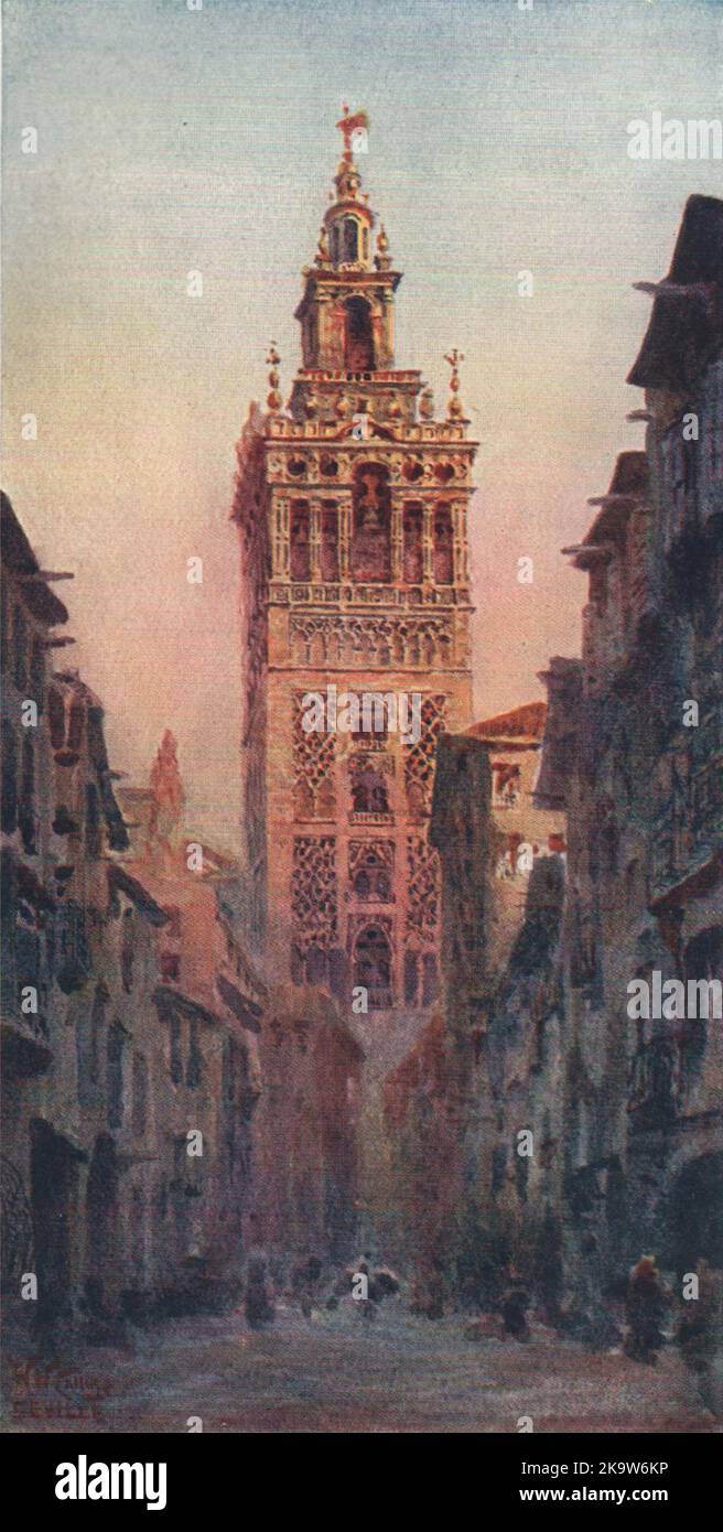 La tour Giralda, Séville, Espagne, par William Wiehe Collins 1909 vieux imprimé Banque D'Images