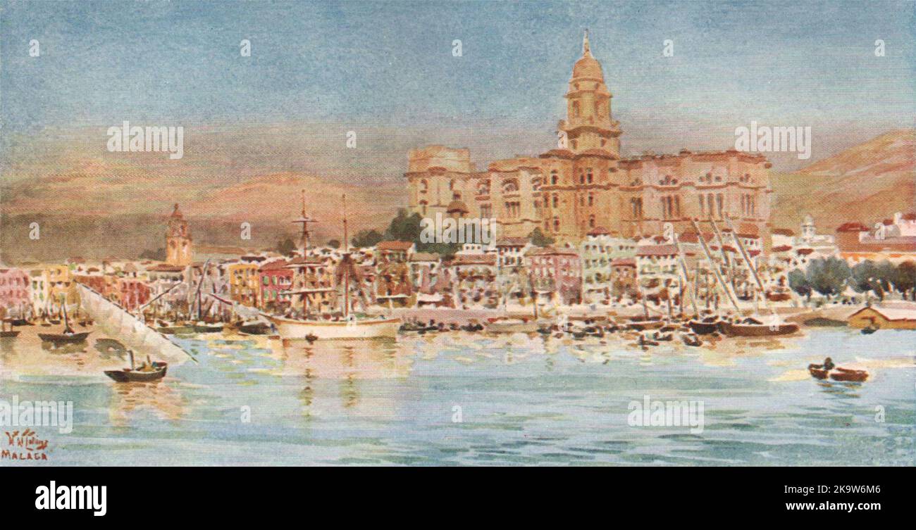 Vue depuis le port, Malaga, Espagne, par William Wiehe Collins 1909 vieux imprimé Banque D'Images