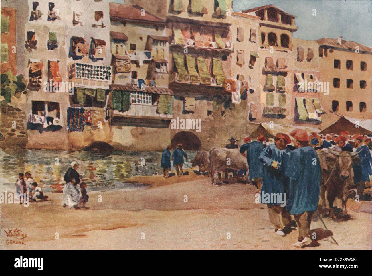 Le marché du bétail, Gérone, Espagne, par William Wiehe Collins 1909 vieux imprimé Banque D'Images