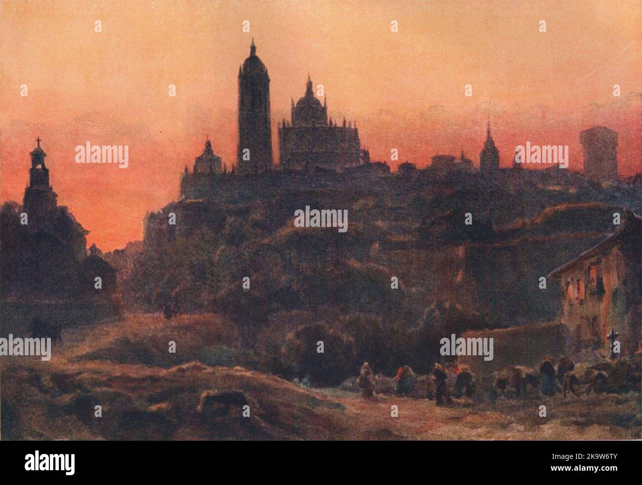 Segovia au coucher du soleil, en Espagne, par William Wiehe Collins 1909 vieux imprimé antique Banque D'Images