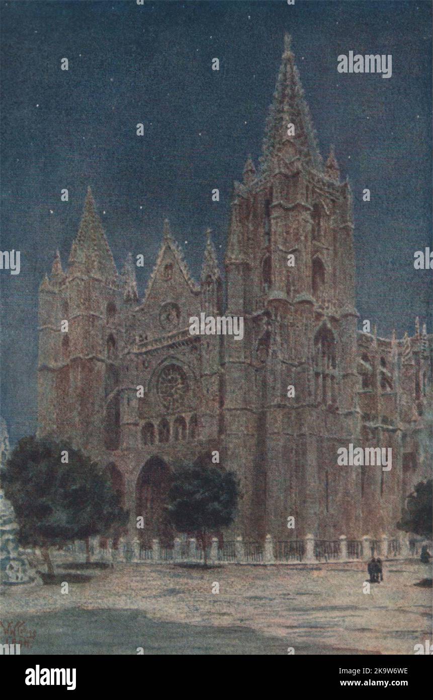 La cathédrale, Leon, Espagne, par William Wiehe Collins 1909 vieux imprimé antique Banque D'Images