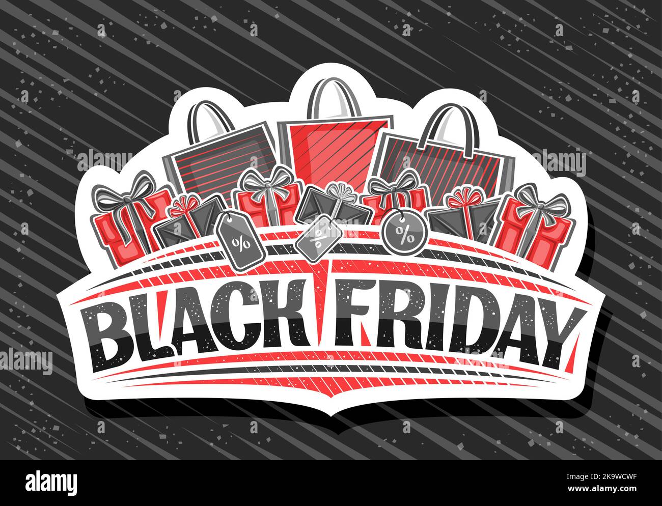 Logo Vector pour solde Black Friday, panneau d'affichage décoratif blanc avec illustration de sacs en papier à rayures rouges, boîtes-cadeaux grises avec noeud-kn Illustration de Vecteur