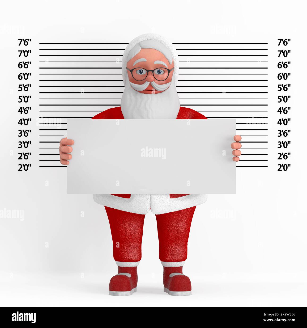 Bande dessinée Santa Claus Granpa joyeuse avec plaque d'identification devant la police ligne ou Mugshot fond extrême gros plan. 3D rendu Banque D'Images