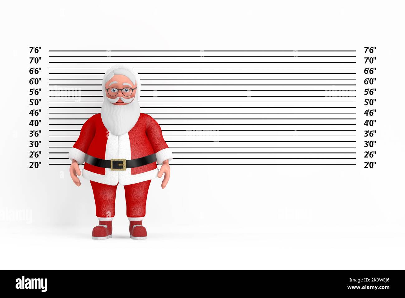 Dessin animé joyeux Père Noël Granpa devant la police ligne ou Mugshot fond extrême gros plan. 3D rendu Banque D'Images
