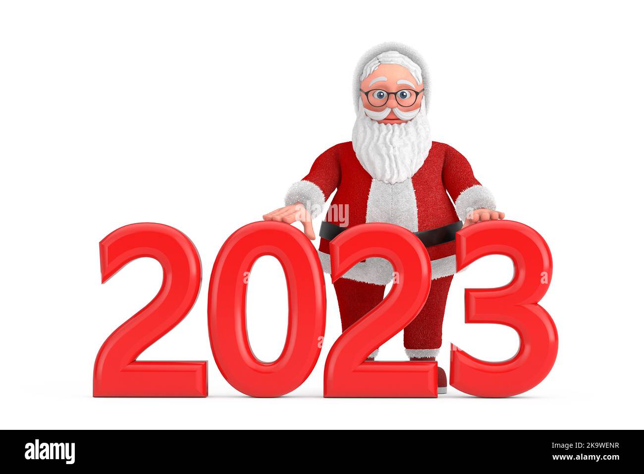 Dessin animé joyeux Père Noël Granpa avec rouge 2023 nouvel an signe sur fond blanc. 3D rendu