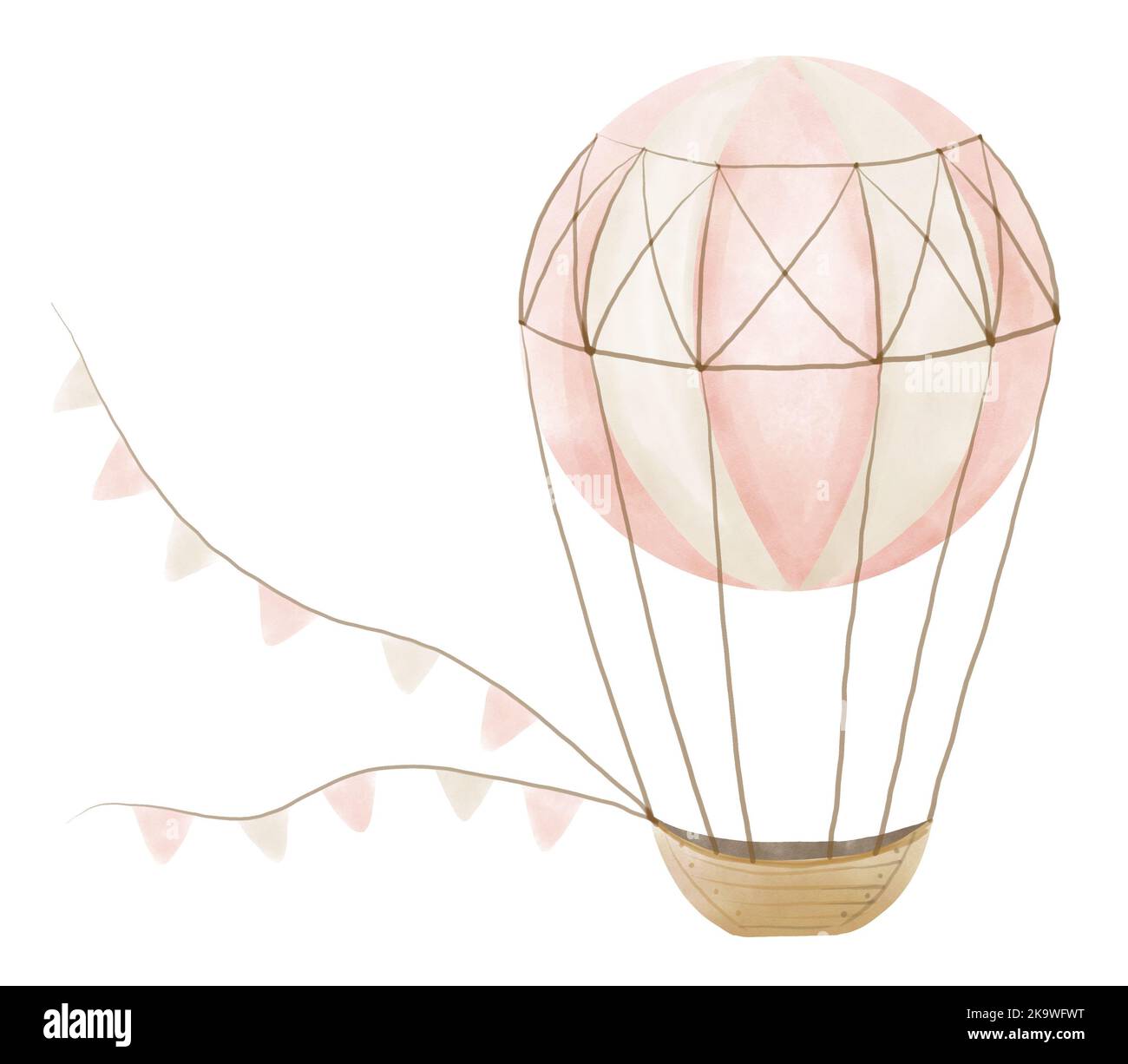 Montgolfière rose aquarelle. Illustration dessinée à la main d’un joli