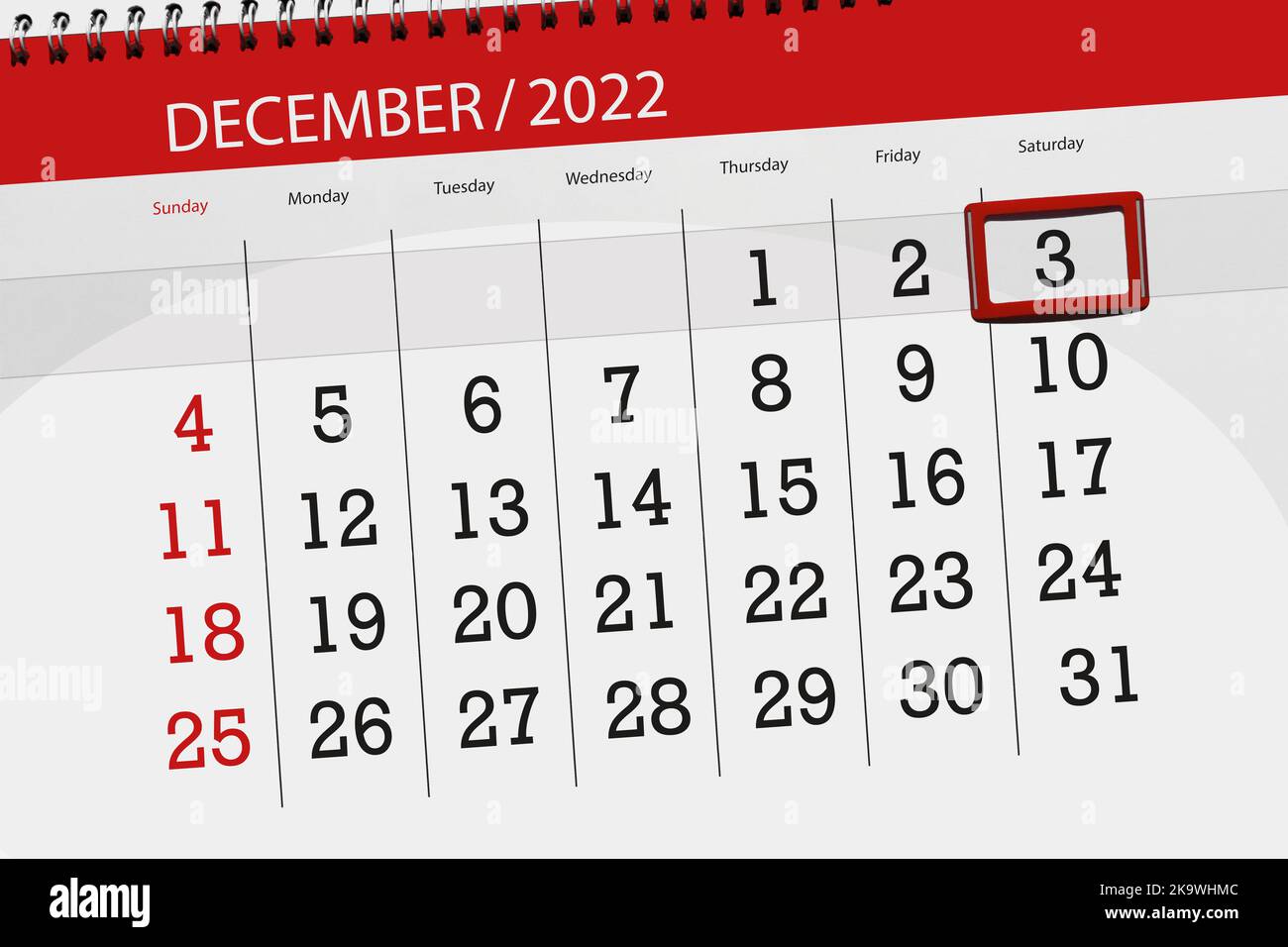 Calendrier 2022, date limite, jour, mois, page, organisateur, date, décembre, samedi, numéro 3. Banque D'Images