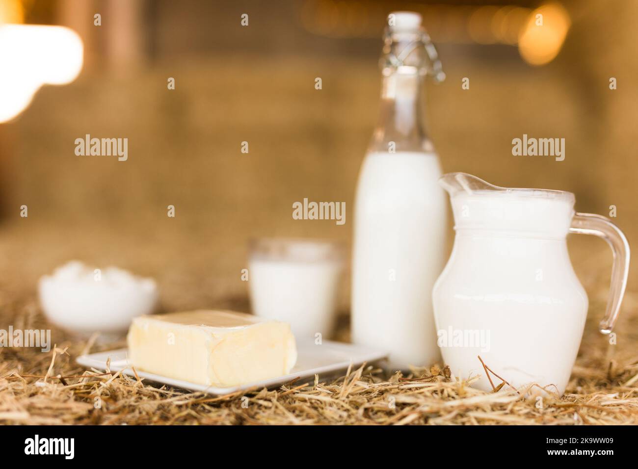 lait, fromage cottage, crème, fromage sur table sur fond de foin Banque D'Images