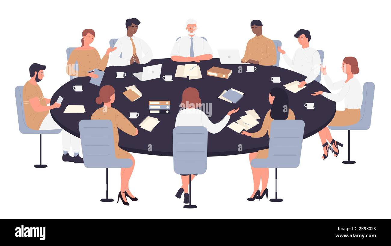 Réunion de travail, négociation commerciale, conférence, discussion de groupe. Les politiciens, les directeurs ou les dirigeants d'entreprise négocient, assis à une table ronde discutant de l'illustration vectorielle des idées. Illustration de Vecteur