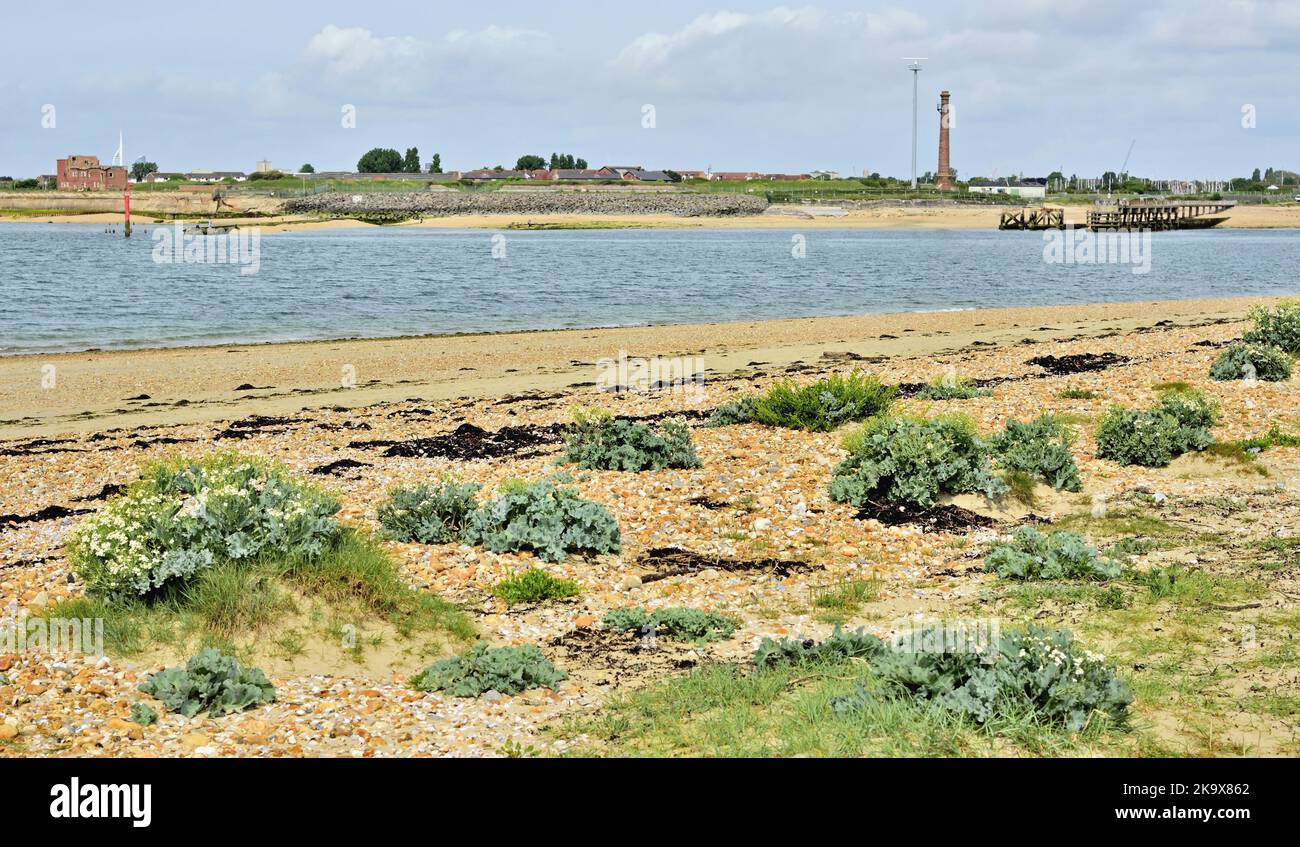 L'entrée du port de Langstone, l'île Hayling, qui donne sur le chenal jusqu'à l'île Portsea et le fort Cumberland. Banque D'Images