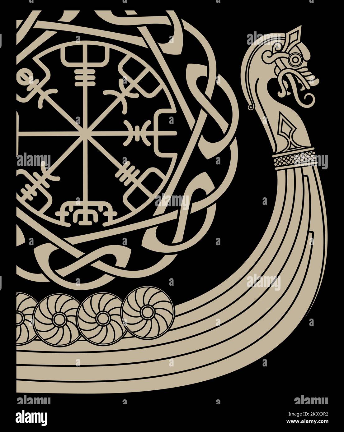 Navire de guerre des Vikings. Drakkar, ancien modèle scandinave et runes norse Illustration de Vecteur