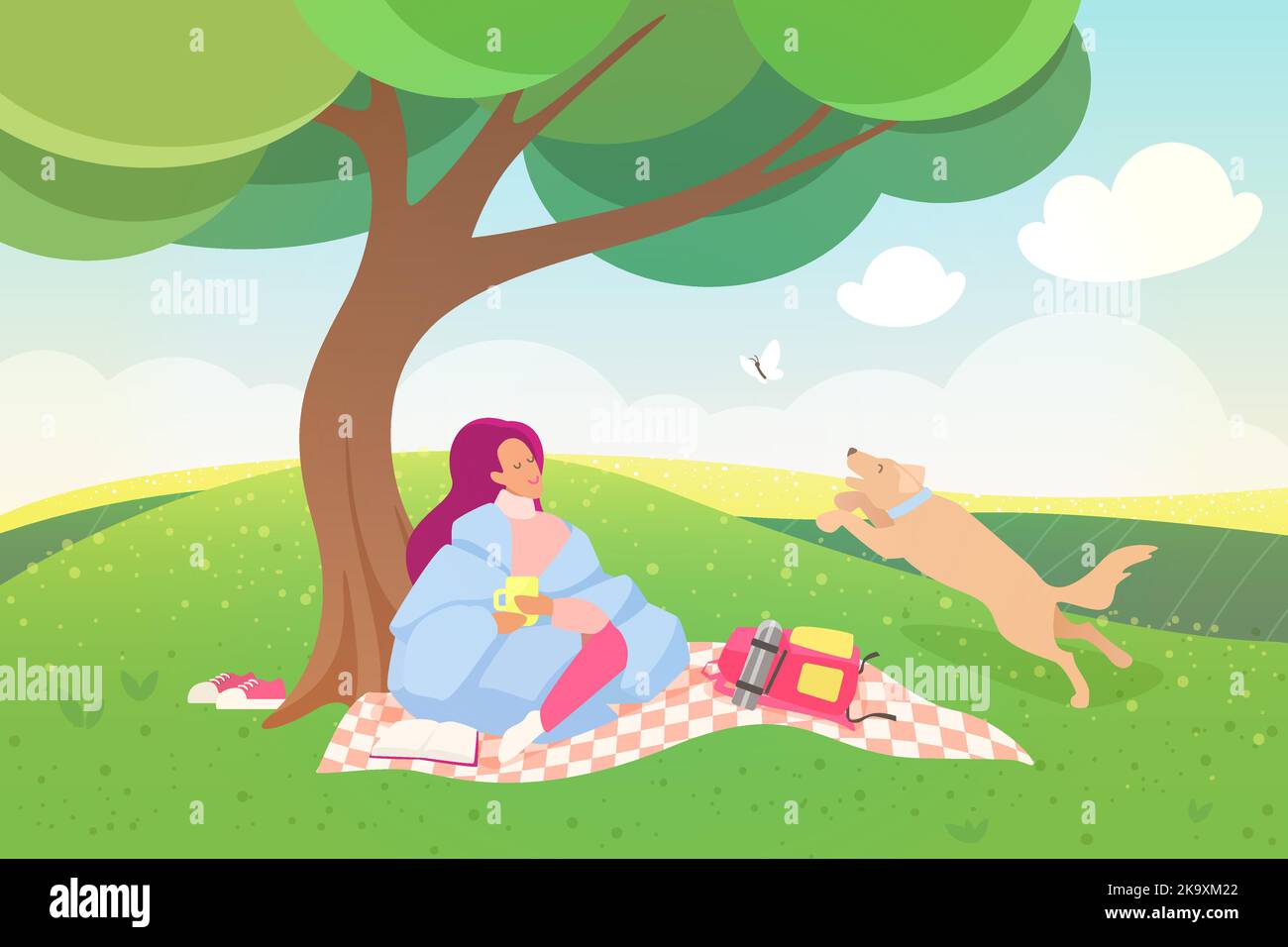 Pique-nique extérieur sur l'illustration vectorielle du week-end. Dessin animé bonne scène de loisirs avec fille enveloppée dans une couverture chaude assis sur le tapis sur pelouse verte herbe sous l'arbre, chien jouant avec le fond de papillon Illustration de Vecteur