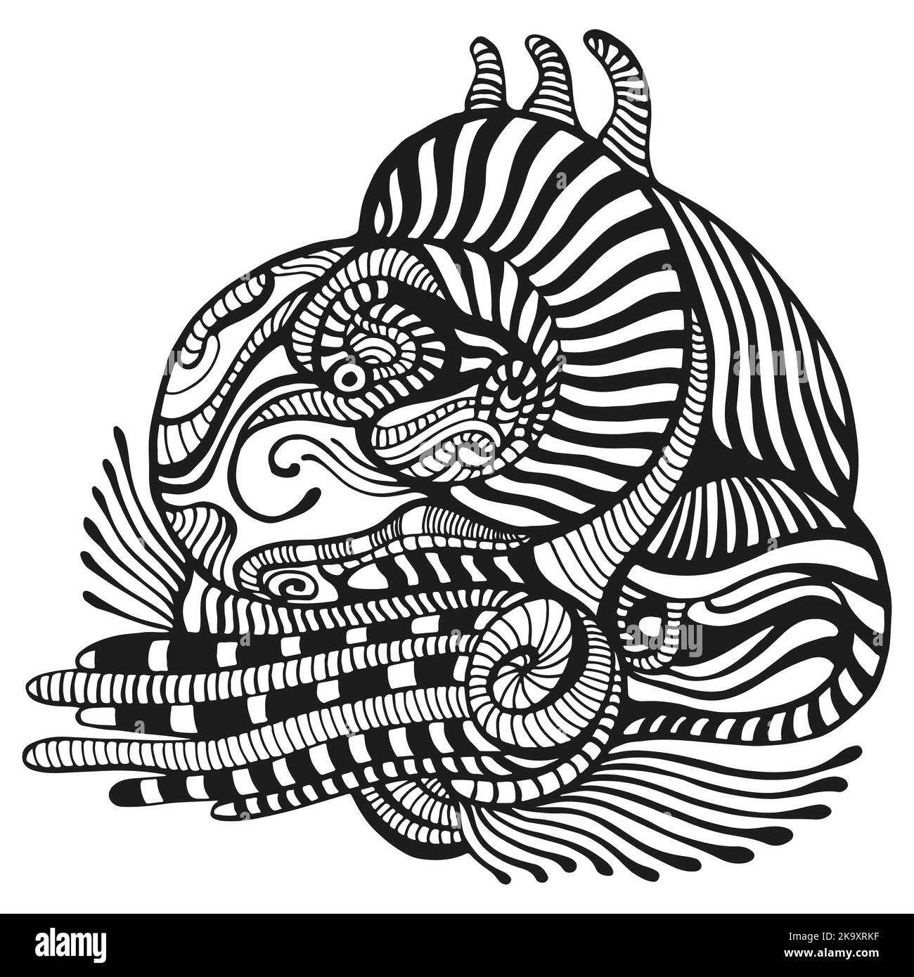Encre noire abstraite créative fantastique extraterrestre motif coloriage page, isolé sur fond blanc. Décoration décorative bizarre style Doodle. Illustration de Vecteur